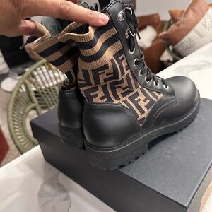 Fendi Black Leather & Tan FF Knit Combat Boots